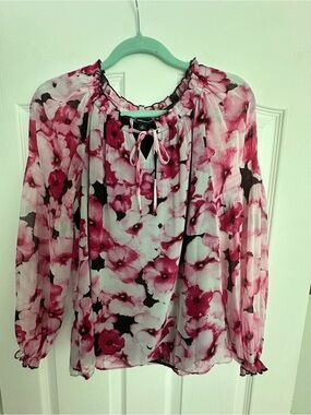 INC International Concepts Pink Floral Tie-Neck Blouse